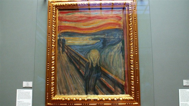 This is part of a series of expressionist paintings by Edvard Munch. The background is a landscape in Norway, and depicts a screaming figure symbolizi...