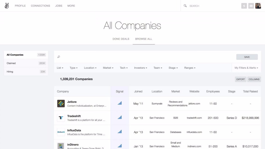 AngelList is a social network that connects startups with investors to help raise funding; also allows for browsing of jobs at startups.