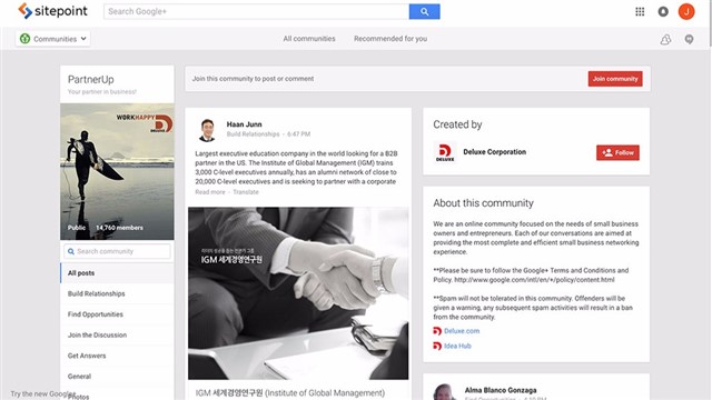 PartnerUp is a Google+ community connecting small business owners and entrepreneurs.